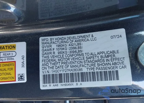 2024 Honda Accord Lx from USA, damaged, VIN 1HGCY1F27RA080085